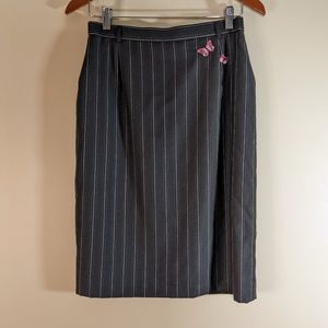 Escada Black Butterfly Wool Pinstripe Pencil Skirt